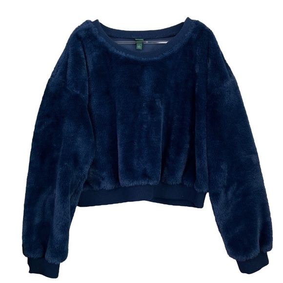 Wild Fable Fuzzy Faux Fur Cropped Pullover Sweatshirt Dark Navy Blue Size XL - Picture 1 of 6